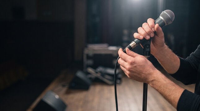 Audio Technician Connecting Microphone Cable Before Event