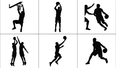 Basketball players action silhouette vector collection featuring dunking, shooting, and dribbling moves on white backgroundBasketball players action silhouette vector  © MstAnowara