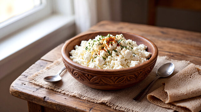 Ethiopian Ayib Fresh Cheese in a Wooden Bowl with Injera on a Rustic Table