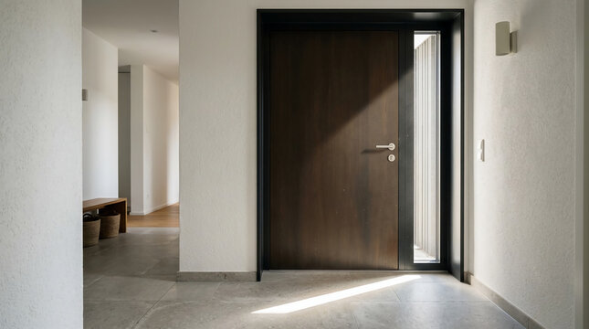 Modern minimalist entryway interior featuring a sophisticated dark wooden door with black frame accents bathed in natural sunlight within a clean contemporary residential hallway