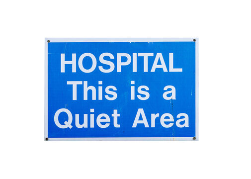 Blue hospital information sign with white text reading &ldquo;Hospital &ndash; This is a Quiet Area.&rdquo; Suitable for healthcare, medical facility, hospital environment, noise reduction and public information concep