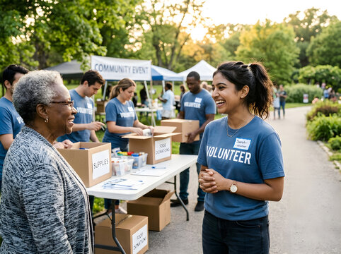 Diverse Volunteers Working Together at a Community Food Drive Event
