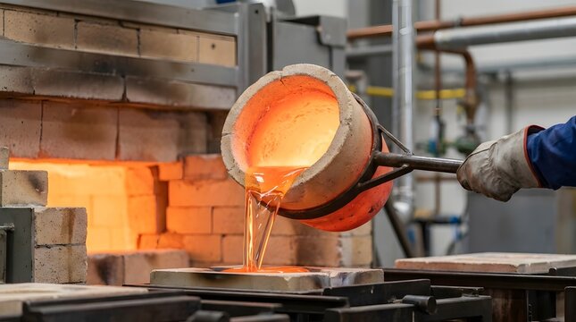 Worker Pouring Molten Metal from Crucible into Mold