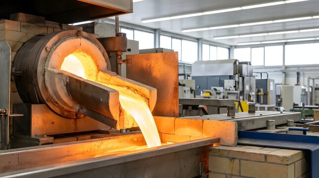 Molten Metal Pouring from Ladle in Industrial Foundry