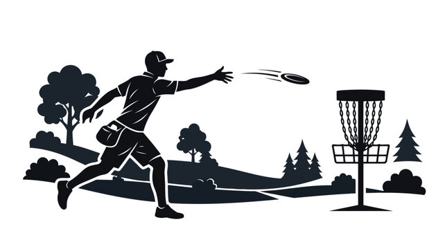 Disc golfer throwing flying disc into basket vector art