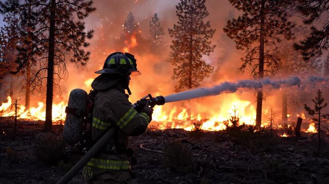 A firefighter in protective gear sprays water onto a blazing forest fire, a powerful visual of nature's fury and human intervention