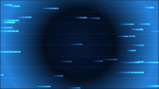 Blue digital binary code data stream on dark background blue