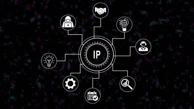 Animated intellectual property concept diagram with connected illustrating legal protection, patents, trademarks, innovation, technology management, and business strategy on digital background