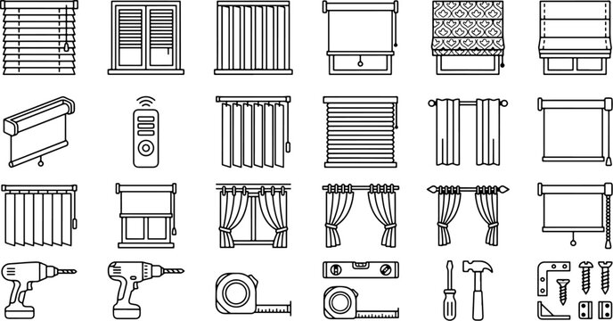 Window Blinds Curtains and Installation Tools Line Art Icon Set