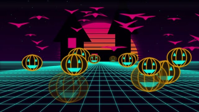 Synthwave Halloween Loop with Neon Pumpkins and Flying Bats