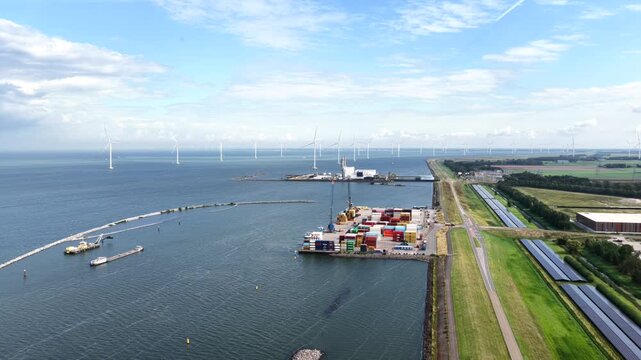 Aerial view of a container terminal near Lelystad on the IJsselmeer