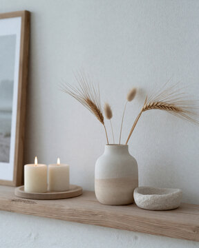Soft beige vase holds dried wheat stalks and fluffy pampas grass. Two lit candles glow on a rustic wooden tray beside it. Minimalist shelf rests against a pale, textured wall