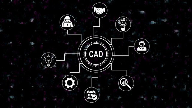 Animated cad concept diagram infographic with connected business technology and digital network nodes on dark pixelated background, for industrial engineering, and architecture presentations