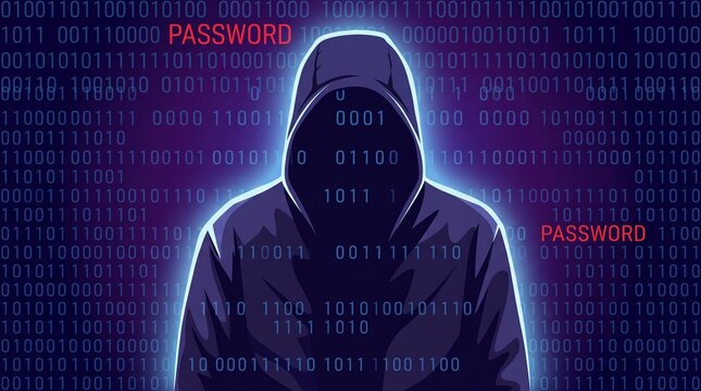 Illustration of a mysterious hacker in a hood surrounded by binary code and password alerts in digital cyberspace