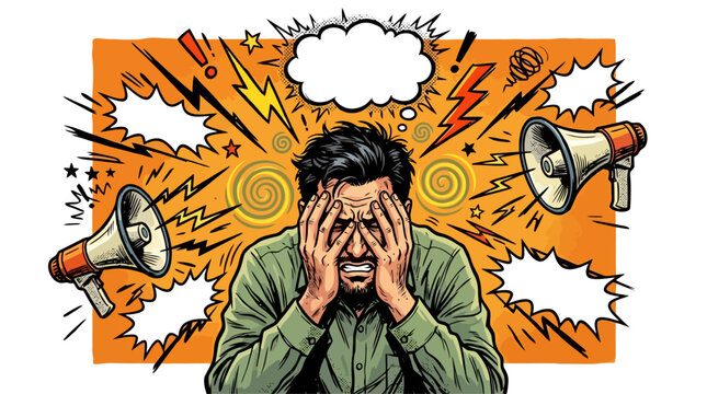 Stressed man holding head with megaphones and speech bubbles