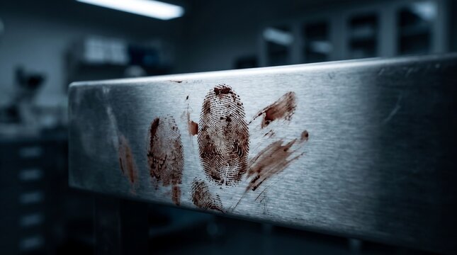 Bloody Fingerprints Close Up on Stainless Steel Metal Table in Dark Crime Scene