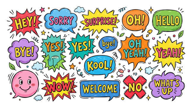 Set of colorful comic speech bubbles with expressions