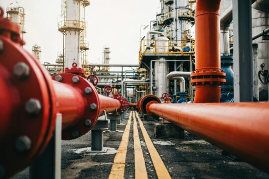 Industrial oil refinery plant with large red pipes and metal structures