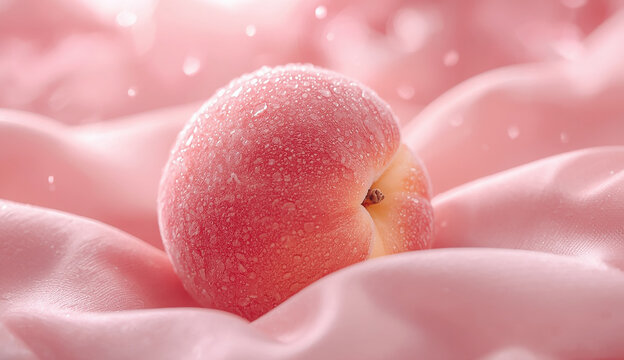 A juicy peach positioned on a light pink cloth, emphasizing its natural color and inviting appearance.
