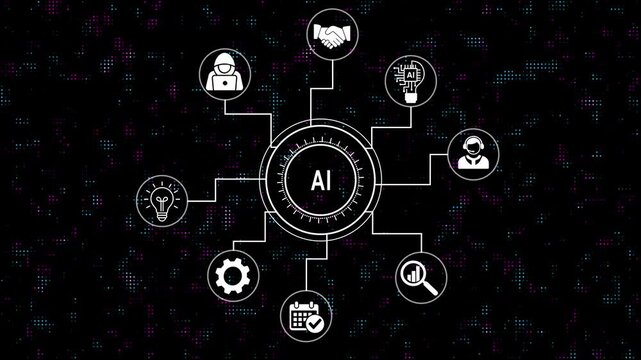 Comprehensive artificial intelligence system infographic animation displaying connected business solutions, advanced neural network technology data processing concept on dark digital background