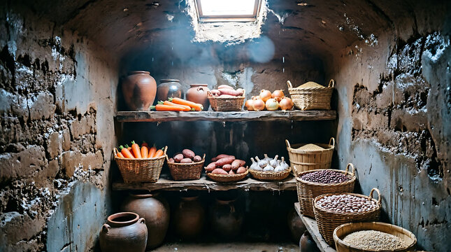 Rustic root cellar filled with fresh vegetables and grains in woven