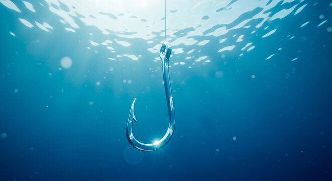 Fishing Hook Suspended in Deep Ocean Water with Sunlight Beams, Serene Underwater Scene