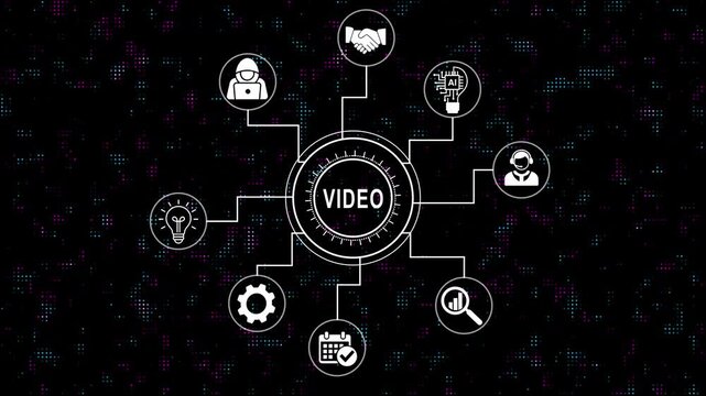 Comprehensive digital marketing strategy infographic animation featuring connected business ai analytics and creative solutions on a dark abstract technological background, for corporate projects