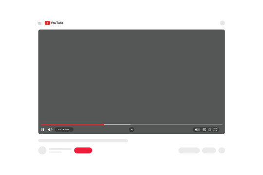 youtube video watch page interface mockup with multimedia player screen and playback controls desktop web UI template.