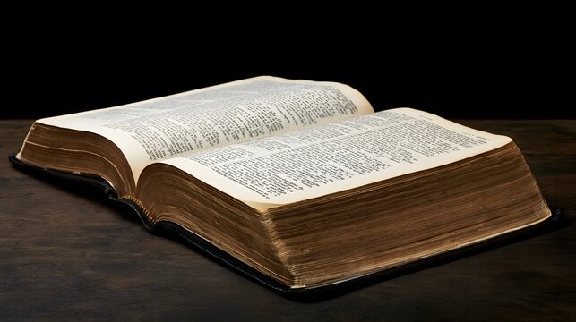An open  aged book with yellowed pages rests on a dark wooden surface  illuminated by soft directional lighting