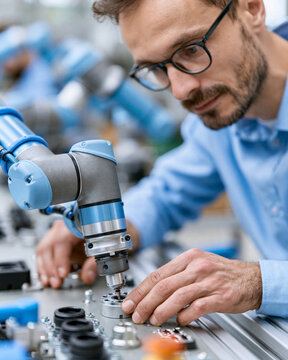 Engineer watches robotic arm work closely. Hands guide tools as machine performs precise task. Focused gaze shows dedication to advanced manufacturing
