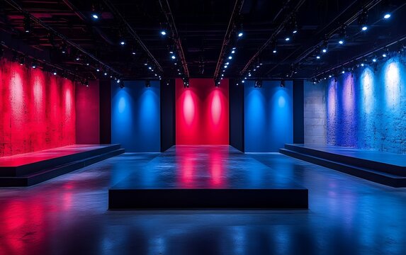 A modern, minimalist runway stage is dramatically lit in red and blue hues, creating a vibrant and stylish atmosphere