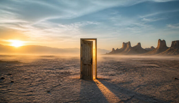  A solitary door in the desert, with sunlight filtering through, creating a striking contrast against the arid surroundings.