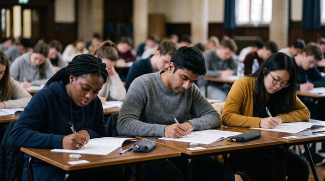 Diverse students writing an exam at individual desks in a large classroom, focused on their academic assessment