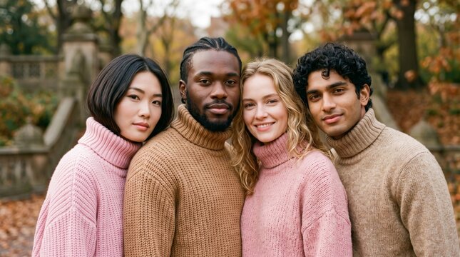 Diverse young adults wearing cozy knitted turtleneck sweaters in an autumn park, posing together for a group portrait