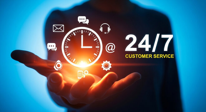 Professional hand highlighting 24/7 customer service concept with glowing clock and icons on dark background