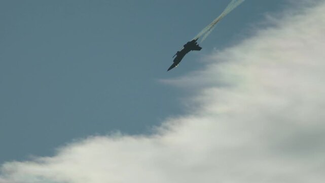 Military F16 Fighting Falcon jet performing acrobatic maneuvers