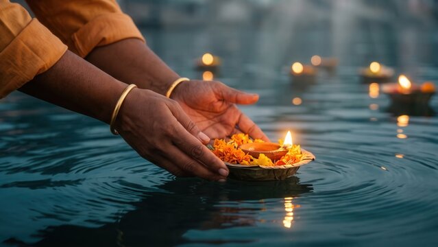 Deep Daan on Ganga &ndash; Hands Releasing a Floating Diya During Evening Prayer
