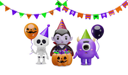 Obraz premium 3D halloween spooky cartoon character template vector illustration. Ghost pumpkin balloon bunting bucket and festive monster scene with cute glossy colorful decorative details.