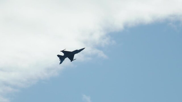 Military F16 fighter jet performing acrobatic maneuvers