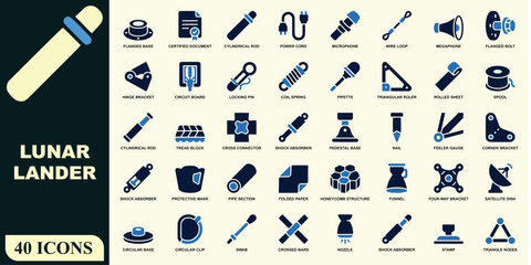 Forty lunar lander and aerospace engineering featuring mechanical components, structural parts, scientific instruments, and technical hardware in a two-tone blue and cream set © NOYON_4513