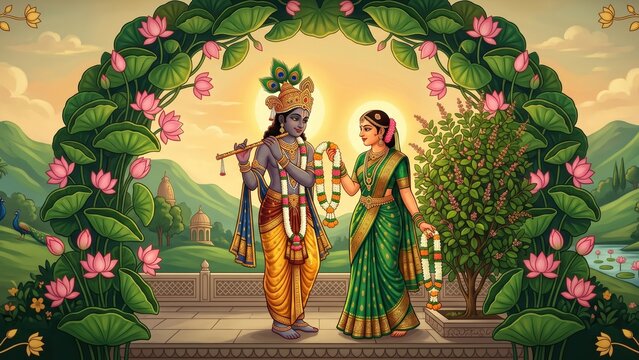 Krishna and Tulsi Devi Garland Exchange &ndash; Pichwai-Inspired Devotional Art