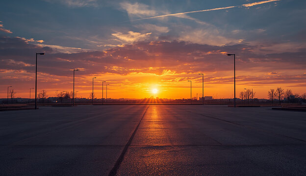 An empty parking lot is bathed in the golden light of a sunset, evoking a peaceful and quiet ambiance.