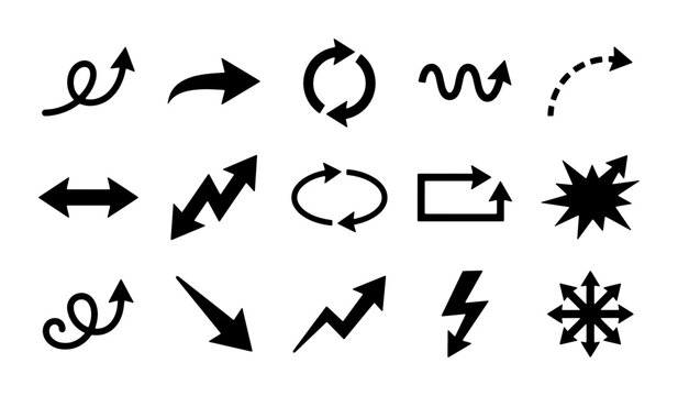 Arrow icons set with direction, loop, wave and zig-zag shapes for signage and web