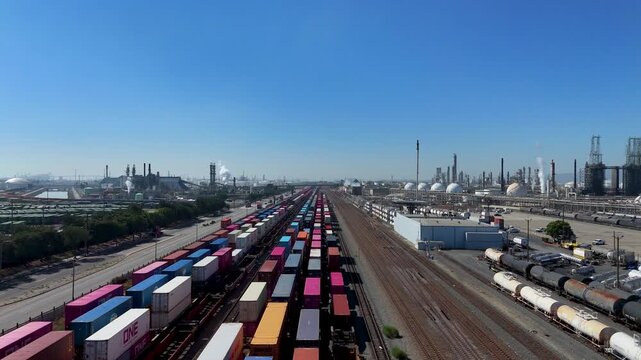 Aerial view of a freight train loaded with colorful shipping containers moving through the industrial landscape of the Port of Long Beach, Long Beach, California, United States.