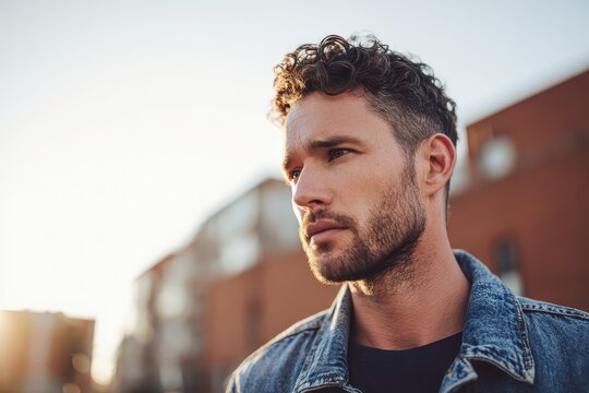 A handsome man with curly hair, stubble, and a denim jacket is looking off into the distance on a bright day, possibly contemplating his future or daydreaming