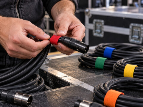 Sound technician color coding XLR cables on work table