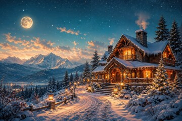 Obraz premium Cozy snow-covered mountain cabin beneath glowing winter moon