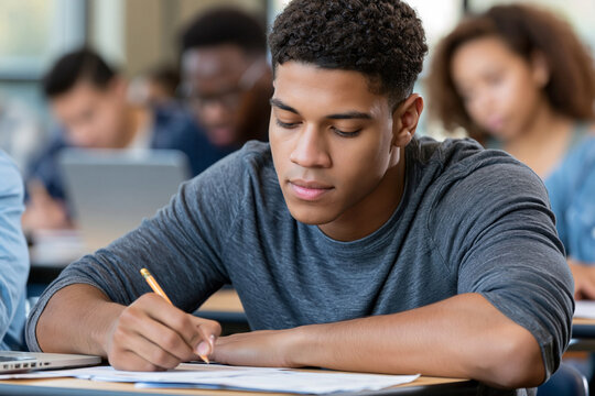 Focused student writes with pencil during class. Young man concentrates on notebook with quiet determination. Classroom setting includes blurred peers and open laptops