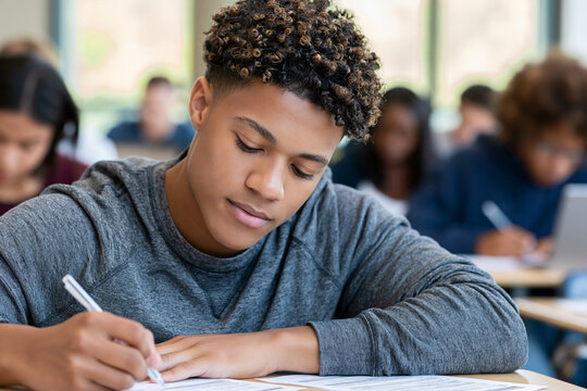 Young student focuses intently on writing test answers. Focused eyes meet paper, pen moving steadily. Background peers blur, emphasizing individual concentration