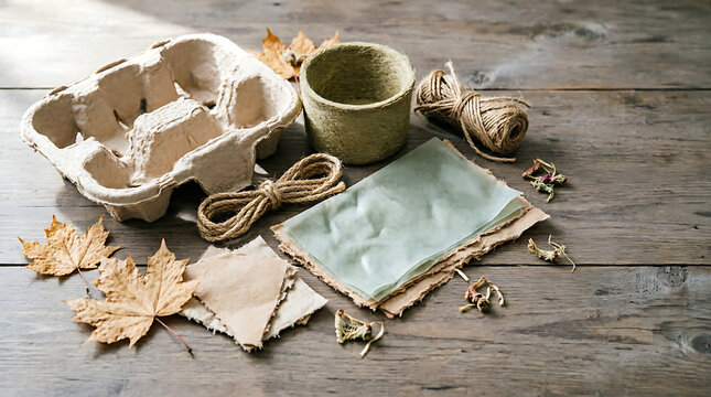 Eco friendly craft supplies with recycled paper and autumn leaves on